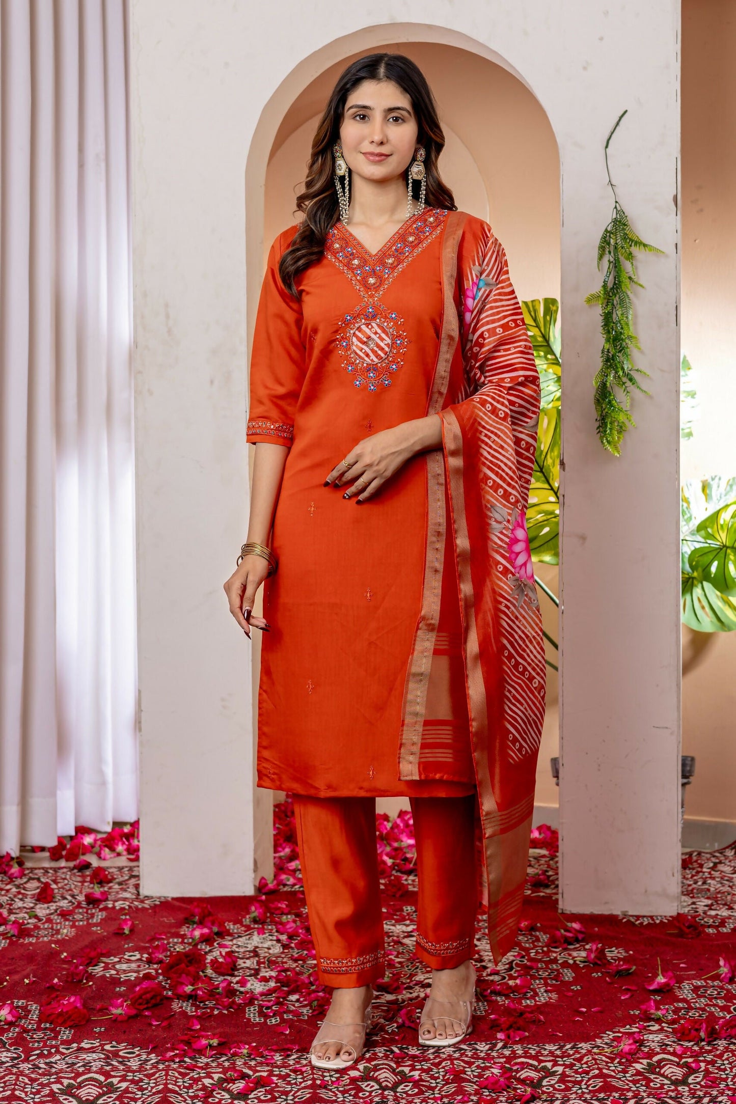 Teeya Creation Womens Orange Embroidered Kurta Pant Set