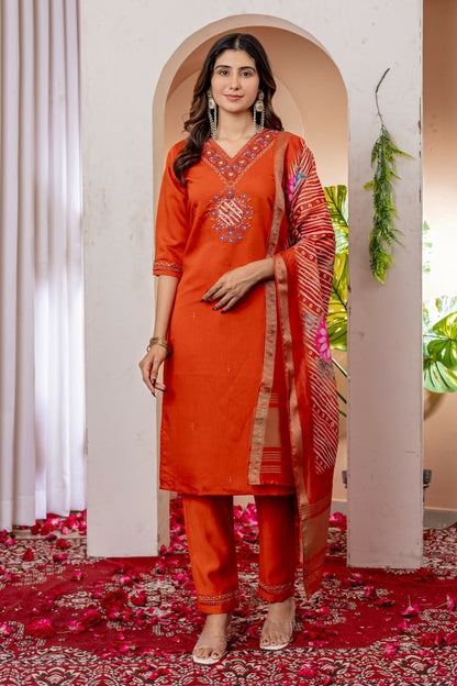 Teeya Creation Womens Orange Embroidered Kurta Pant Set