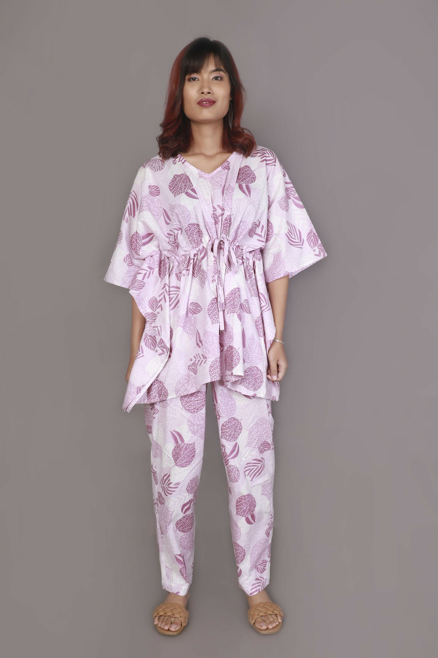 Breathables WomenS Loungewear Kaftan Cotton Pink Nature-Inspired Print Co-Ord Set