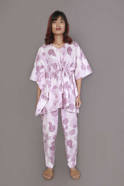Breathables WomenS Loungewear Kaftan Cotton Pink Nature-Inspired Print Co-Ord Set