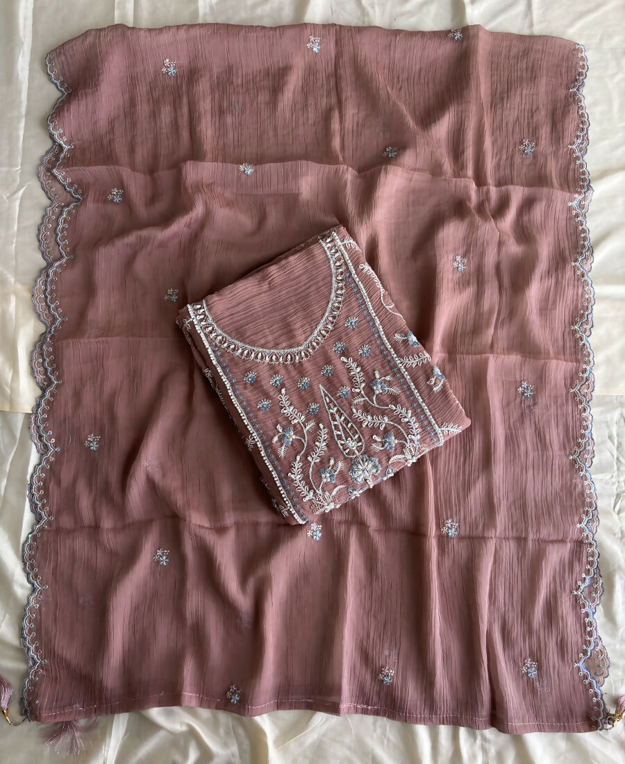 KC Beautiful Peach Chiffon Silk Hand Embroidery Suit For Women