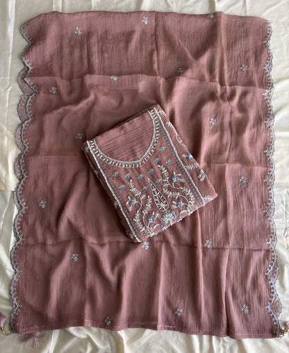 KC Beautiful Peach Chiffon Silk Hand Embroidery Suit For Women