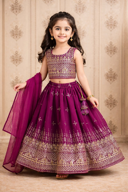 Evanik Purple Designer Georgette Embroidered Work Wedding Lehenga Choli For Kids