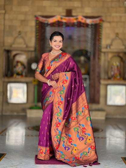 Mameraa Sarees Wine Faux Banarasi Silk Saree With Paithani Rich Weaved Pallu And Blouse-Wine
