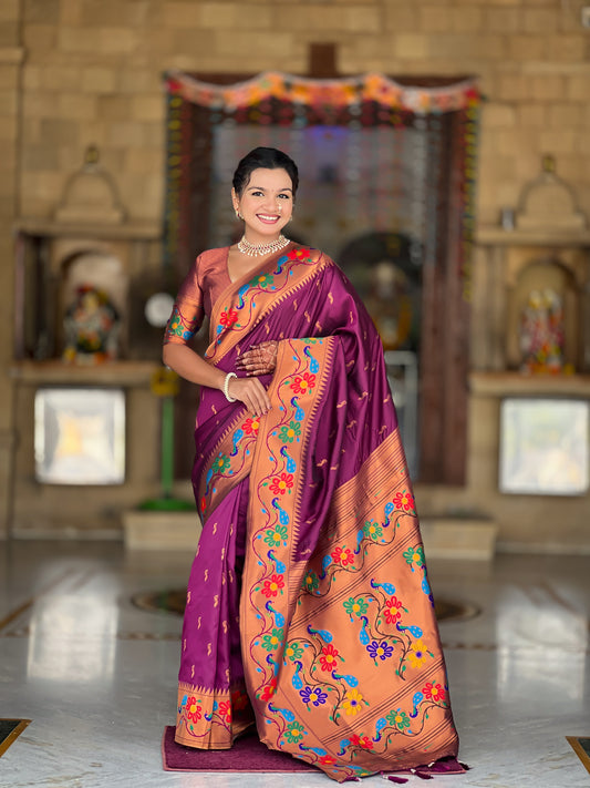 Mameraa Sarees Wine Faux Banarasi Silk Saree With Paithani Rich Weaved Pallu And Blouse-Wine
