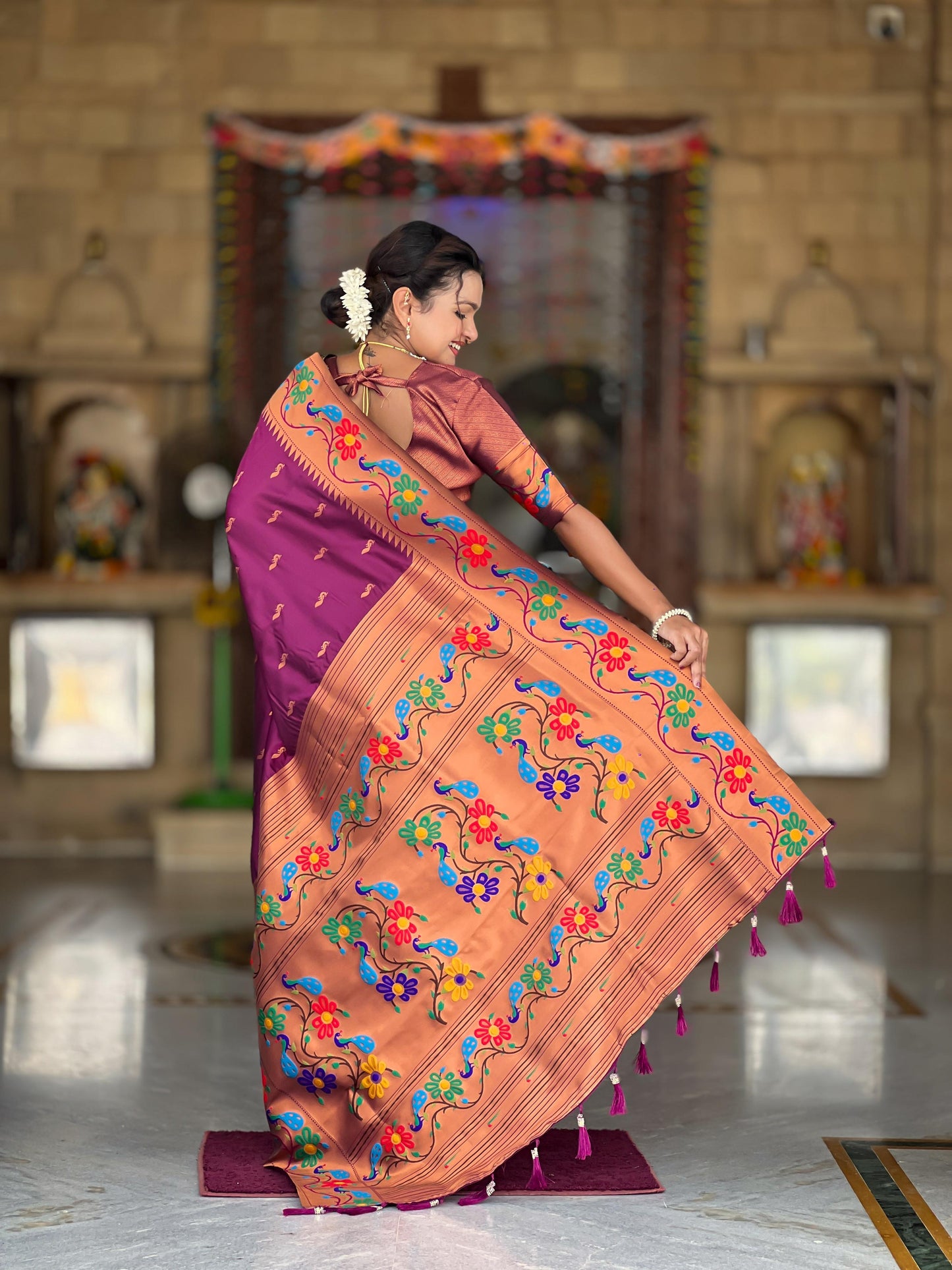 Mameraa Sarees Wine Faux Banarasi Silk Saree With Paithani Rich Weaved Pallu And Blouse-Wine