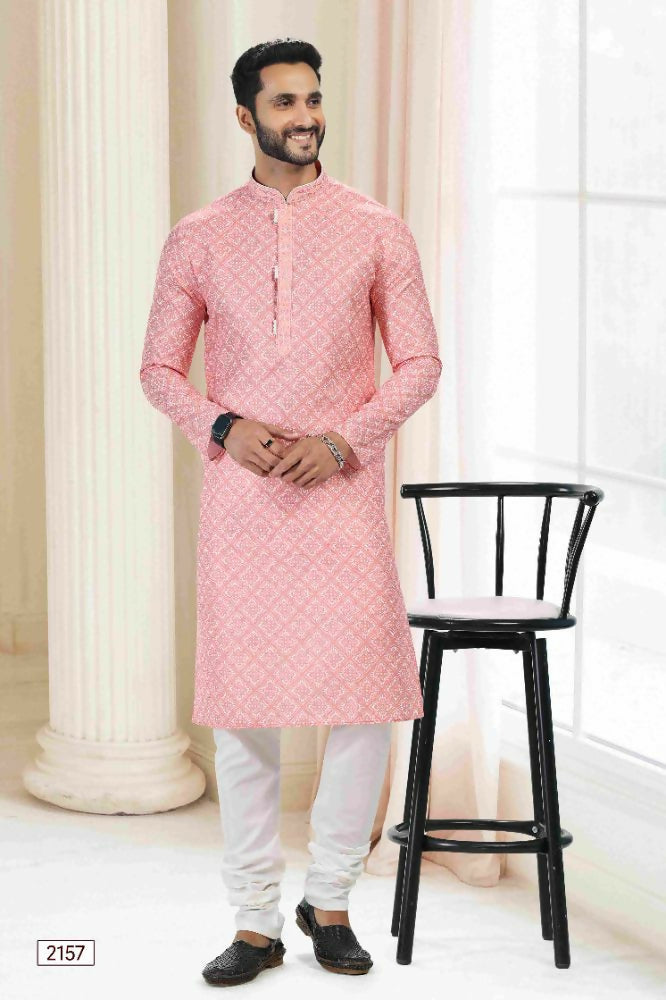 Raivat Ethnic Cotton Thread Work Kurta Pajama In Orange Colour