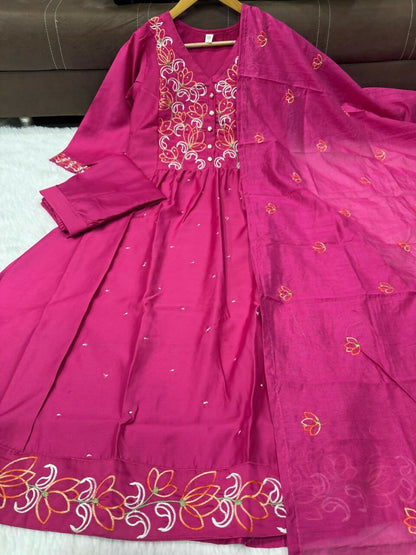 Teeya Creation Elegant Hot Pink Flared Anarkali Kurti And Dupatta Set For Women
