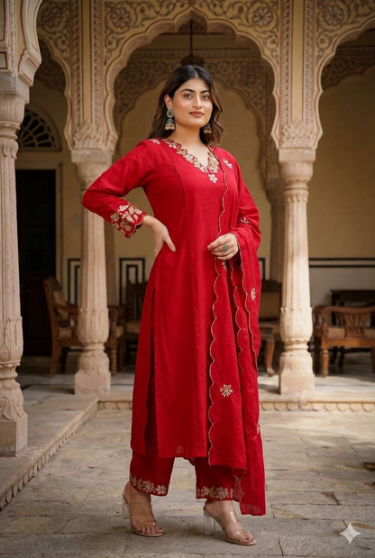 Teeya Creation Designer Red Ethnic Suit Set With Floral Hand-Embroidered Borders Dupatta