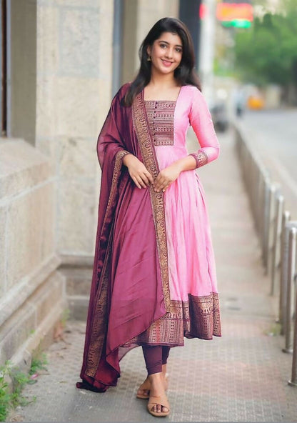 Teeya Creation Womens New Elegant Pink Anarkali Gown with Embroidered Yoke Contrasting Wine Dupatta Set