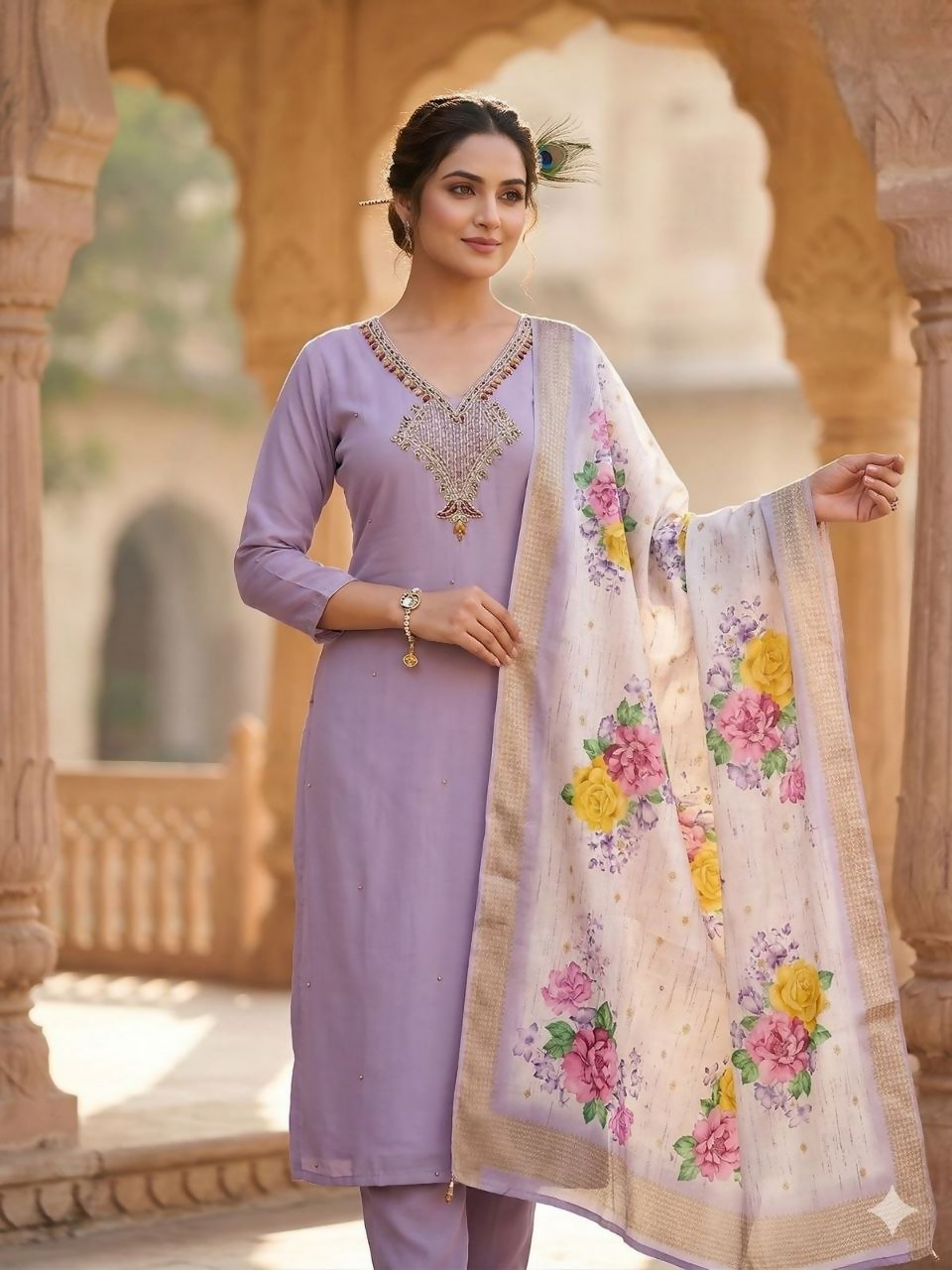Teeya Creation Womens New Fancy Premium Mul Chanderi Kurta Set - Lavender