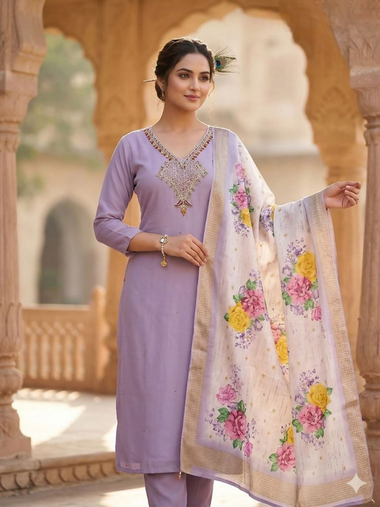 Teeya Creation Womens New Fancy Premium Mul Chanderi Kurta Set - Lavender