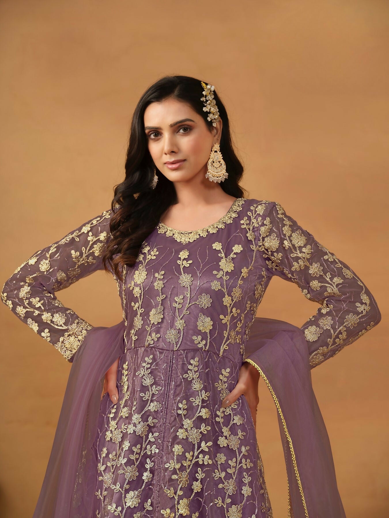 Anaita Purple Embroidered Net Anarkali Suit