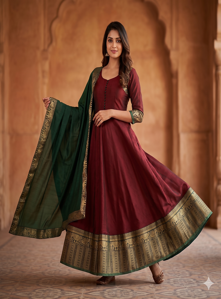 Teeya Creation Royal Maroon Anarkali Gown with Zari Border Dupatta for Women