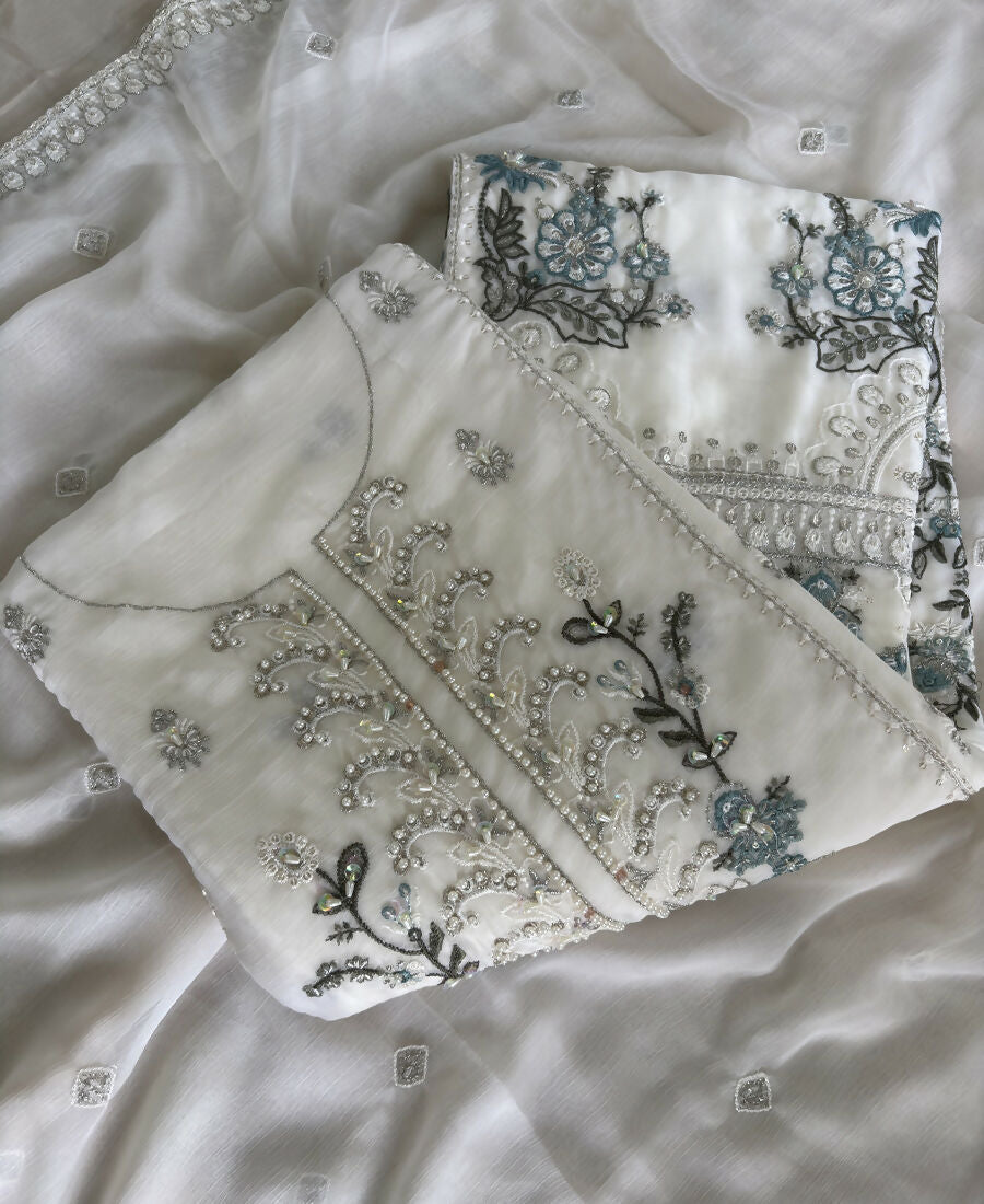 KC Heavy Chiffon Silk White Hand Embroidered Straight Suit For Women Wedding
