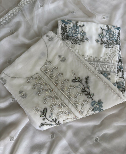 KC Heavy Chiffon Silk White Hand Embroidered Straight Suit For Women Wedding