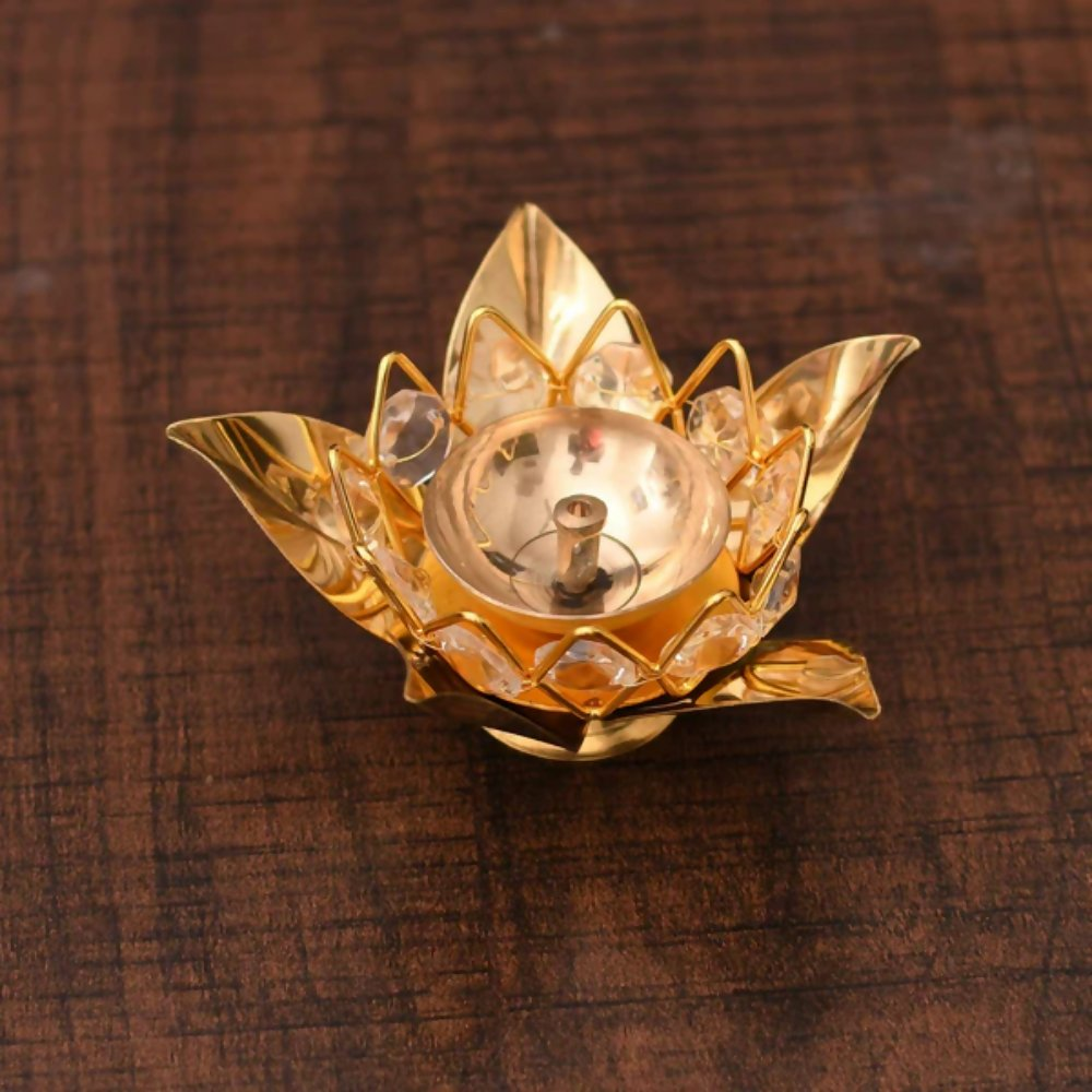 CraftVatika Brass Crystal Lotus Shape Diya Deepak With Gift Box