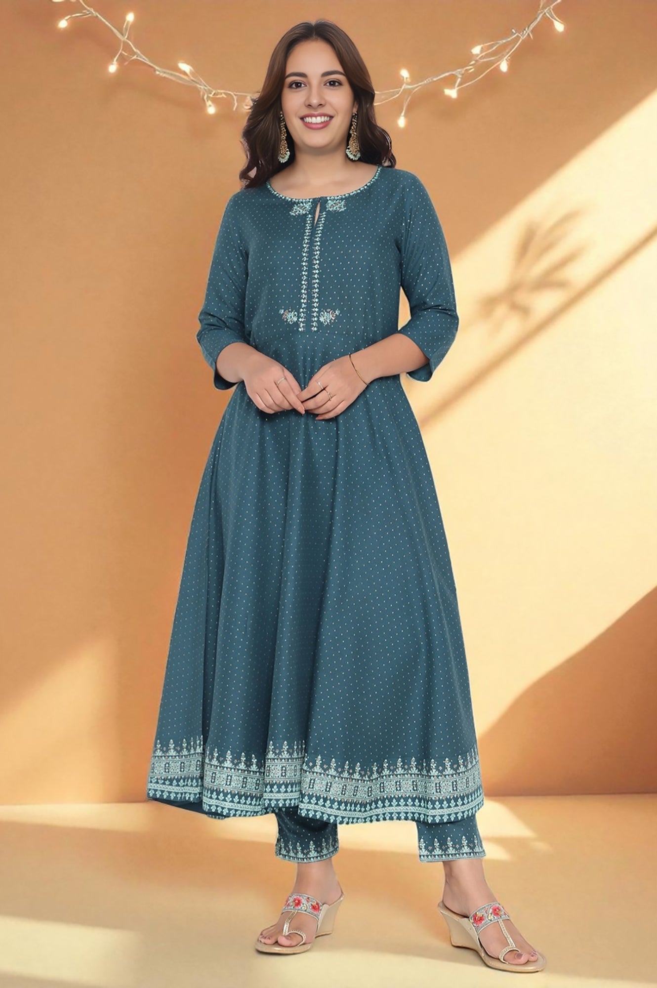 W for Woman Teal Printed Rayon Kurta and Straight Pant Set