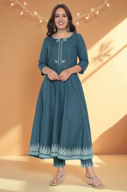 W for Woman Teal Printed Rayon Kurta and Straight Pant Set