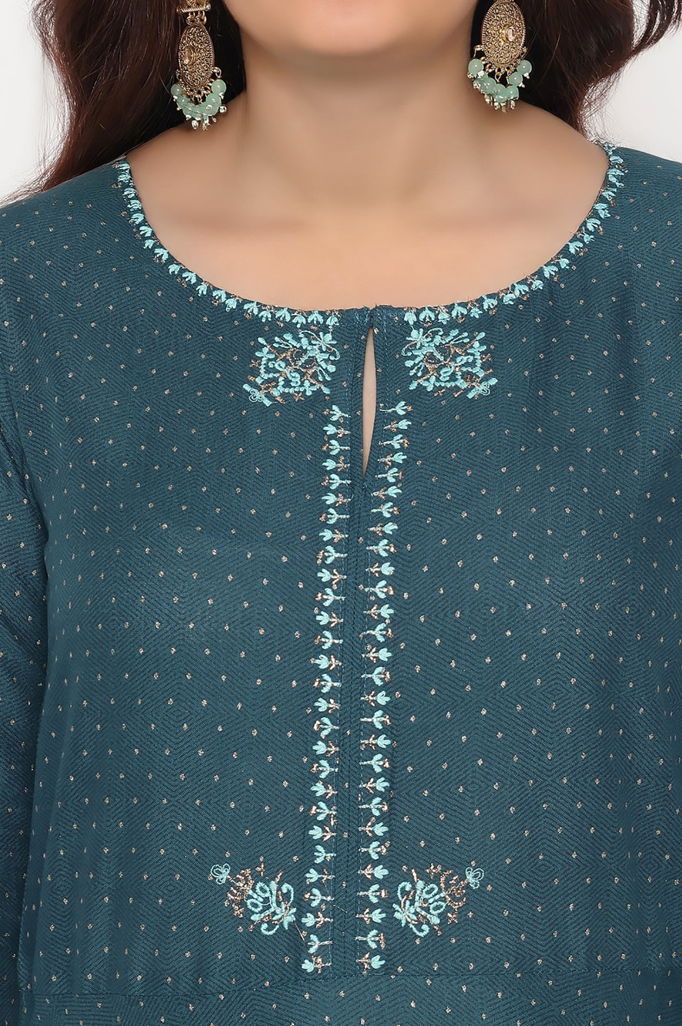 W for Woman Teal Printed Rayon Kurta and Straight Pant Set