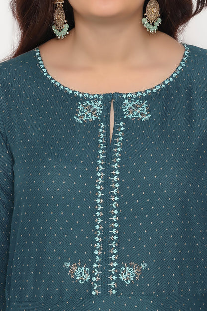 W for Woman Teal Printed Rayon Kurta and Straight Pant Set