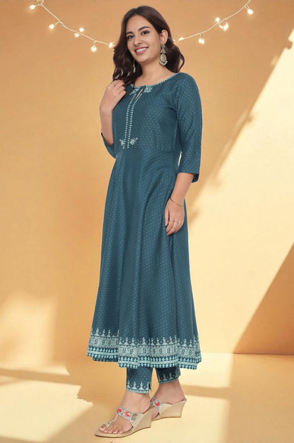 W for Woman Teal Printed Rayon Kurta and Straight Pant Set