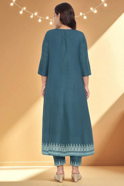 W for Woman Teal Printed Rayon Kurta and Straight Pant Set