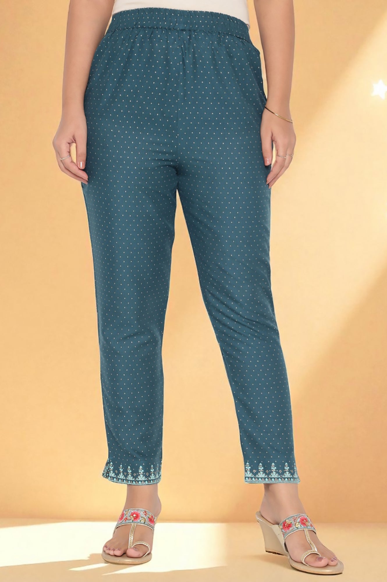 W for Woman Teal Printed Rayon Kurta and Straight Pant Set