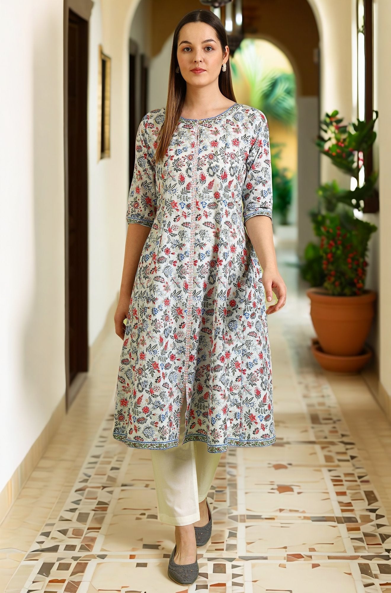 W for Woman Light Blue Floral Printed Pure Cotton Anarkali Kurta and Pants Set