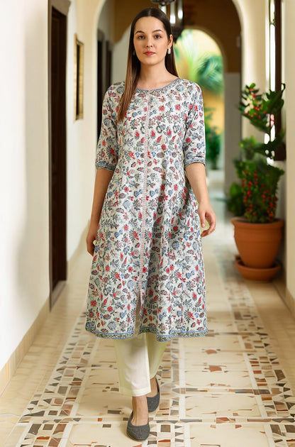 W for Woman Light Blue Floral Printed Pure Cotton Anarkali Kurta and Pants Set