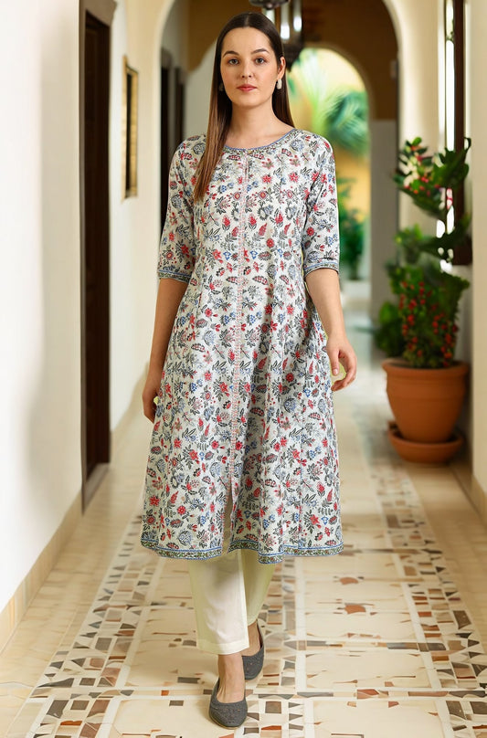 W for Woman Light Blue Floral Printed Pure Cotton Anarkali Kurta and Pants Set