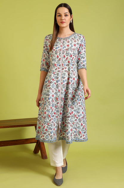 W for Woman Light Blue Floral Printed Pure Cotton Anarkali Kurta and Pants Set