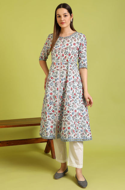 W for Woman Light Blue Floral Printed Pure Cotton Anarkali Kurta and Pants Set