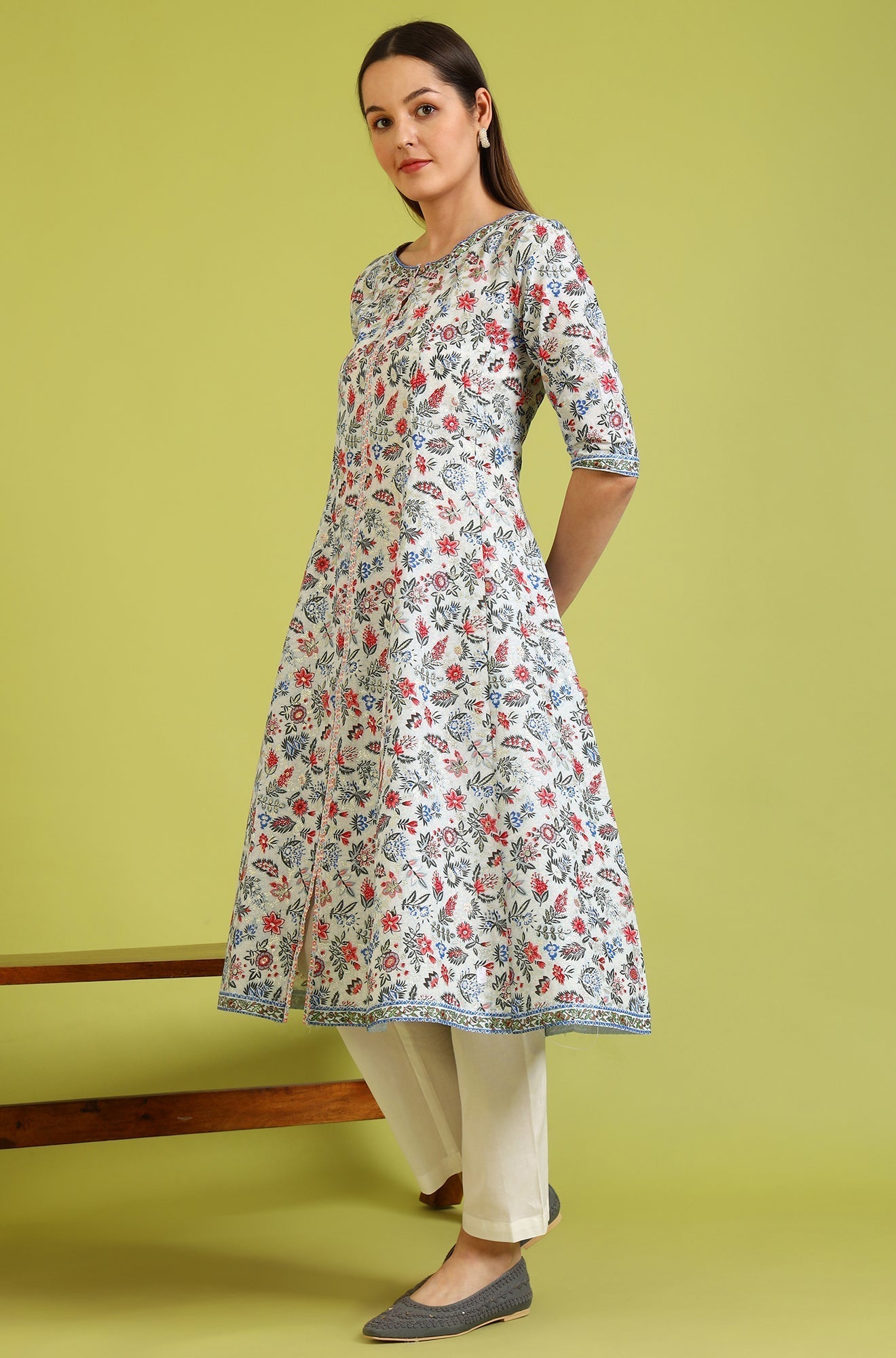 W for Woman Light Blue Floral Printed Pure Cotton Anarkali Kurta and Pants Set