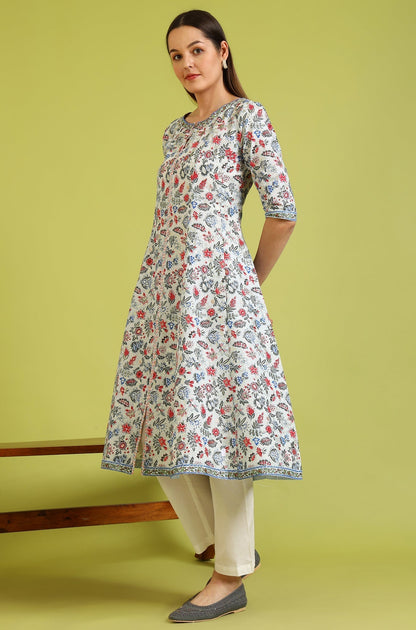 W for Woman Light Blue Floral Printed Pure Cotton Anarkali Kurta and Pants Set