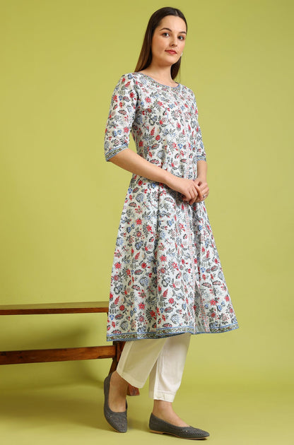 W for Woman Light Blue Floral Printed Pure Cotton Anarkali Kurta and Pants Set