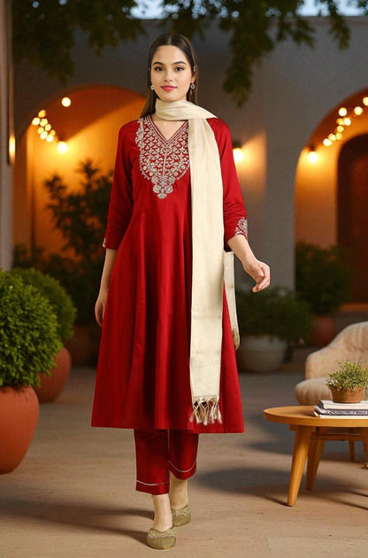 W for Woman Dark Red Solid Metallic Emnbroidery Anarkali Kurta, Pants and Dupatta Set