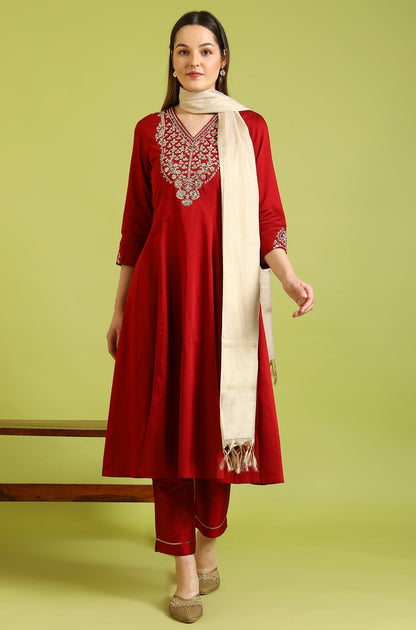 W for Woman Dark Red Solid Metallic Emnbroidery Anarkali Kurta, Pants and Dupatta Set