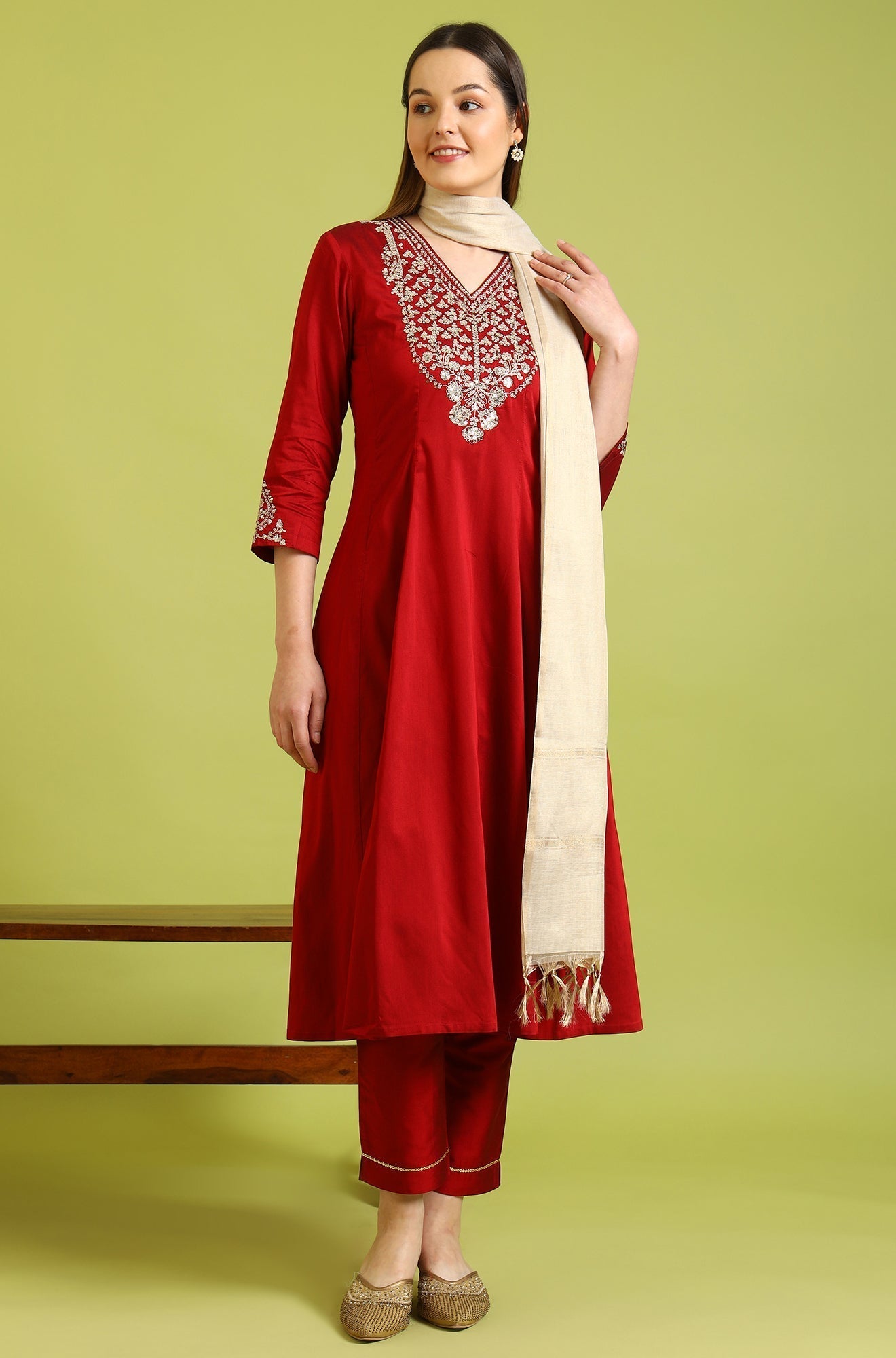 W for Woman Dark Red Solid Metallic Emnbroidery Anarkali Kurta, Pants and Dupatta Set