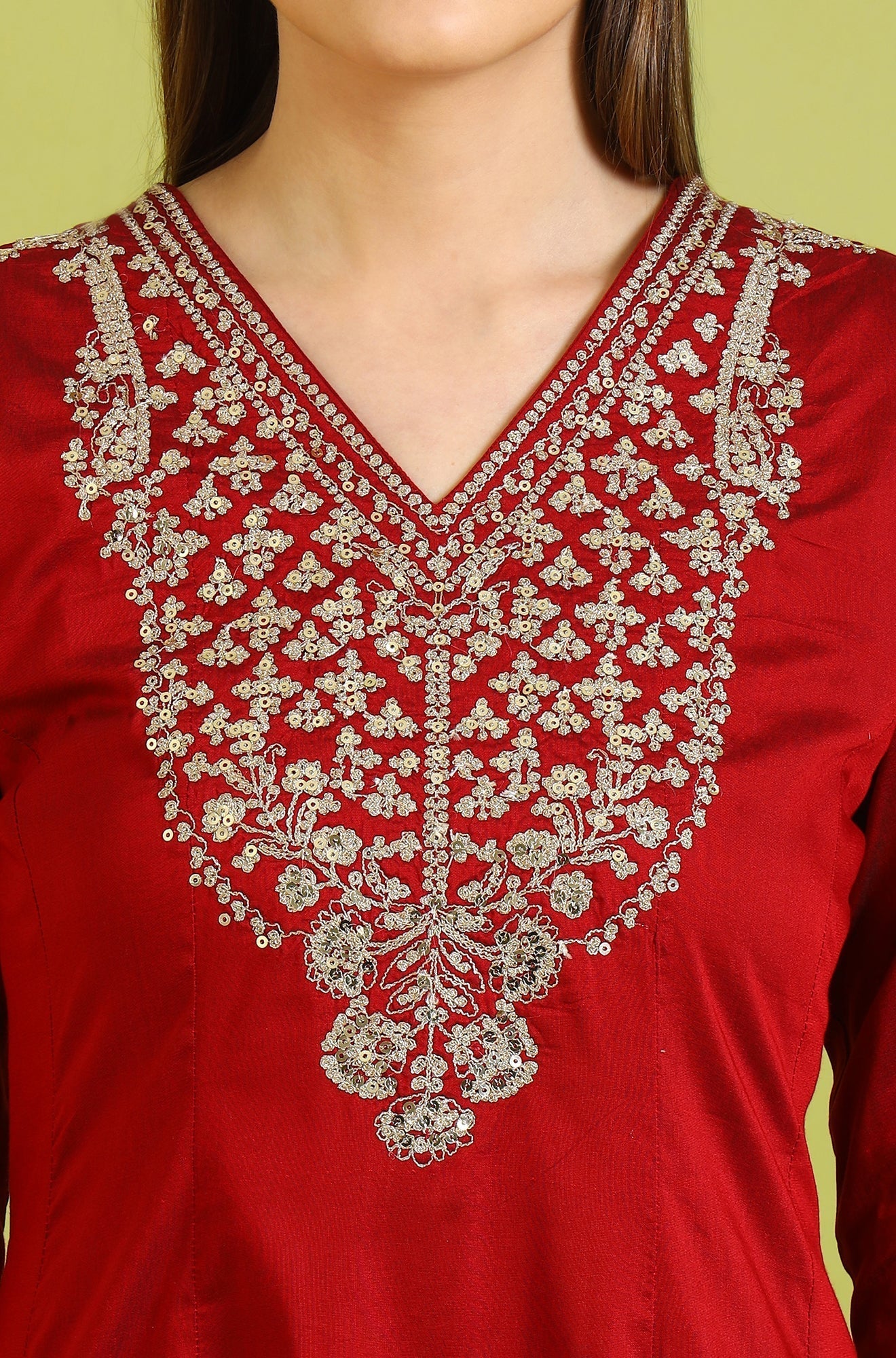 W for Woman Dark Red Solid Metallic Emnbroidery Anarkali Kurta, Pants and Dupatta Set