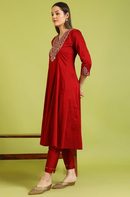 W for Woman Dark Red Solid Metallic Emnbroidery Anarkali Kurta, Pants and Dupatta Set