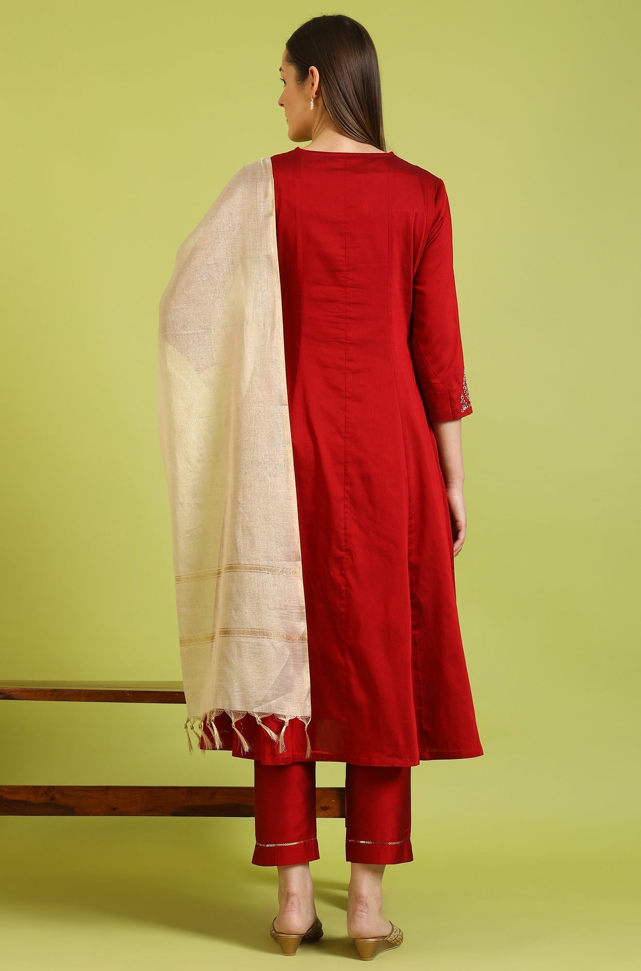 W for Woman Dark Red Solid Metallic Emnbroidery Anarkali Kurta, Pants and Dupatta Set