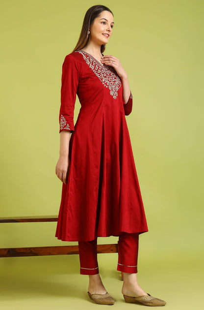 W for Woman Dark Red Solid Metallic Emnbroidery Anarkali Kurta, Pants and Dupatta Set