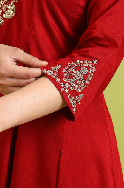 W for Woman Dark Red Solid Metallic Emnbroidery Anarkali Kurta, Pants and Dupatta Set