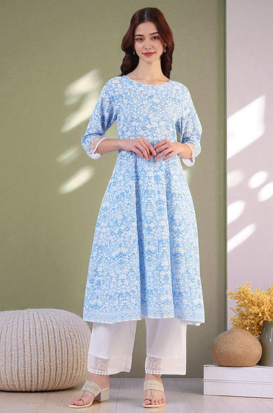 W for Woman Light Blue Floral Printed Pure Cotton Anarkali Kurta and Straight Pants Set