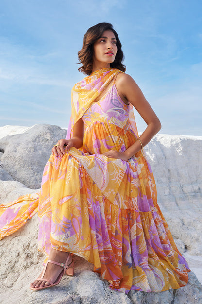 W for Woman Orange Abstract Printed Tiered Spaghetti Kurta and Leggings Set with Dupatta