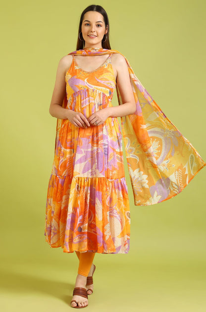 W for Woman Orange Abstract Printed Tiered Spaghetti Kurta and Leggings Set with Dupatta