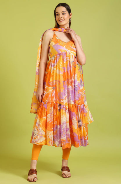 W for Woman Orange Abstract Printed Tiered Spaghetti Kurta and Leggings Set with Dupatta