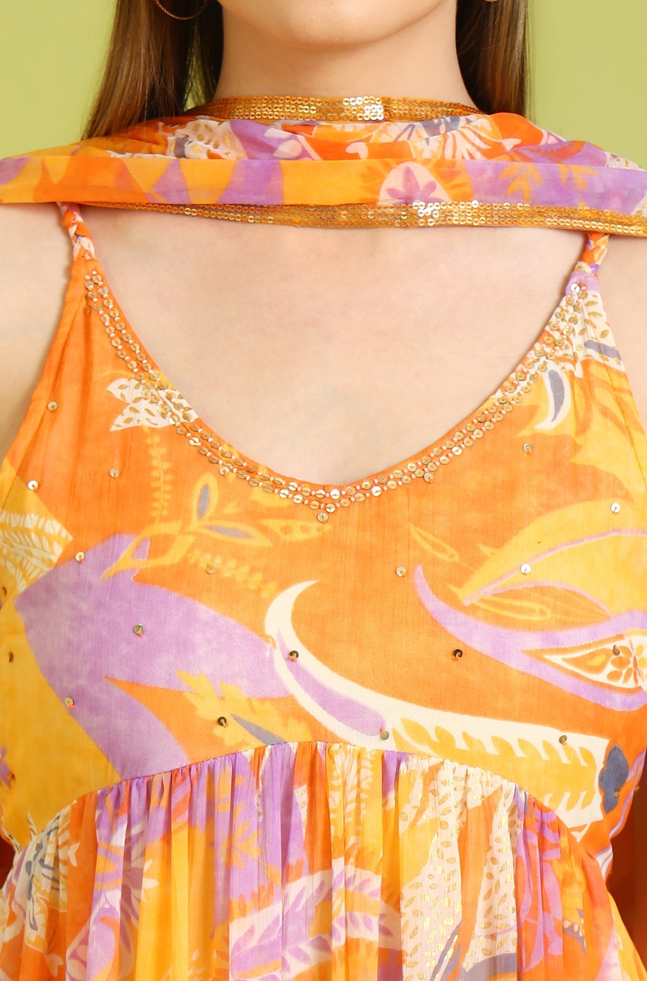 W for Woman Orange Abstract Printed Tiered Spaghetti Kurta and Leggings Set with Dupatta