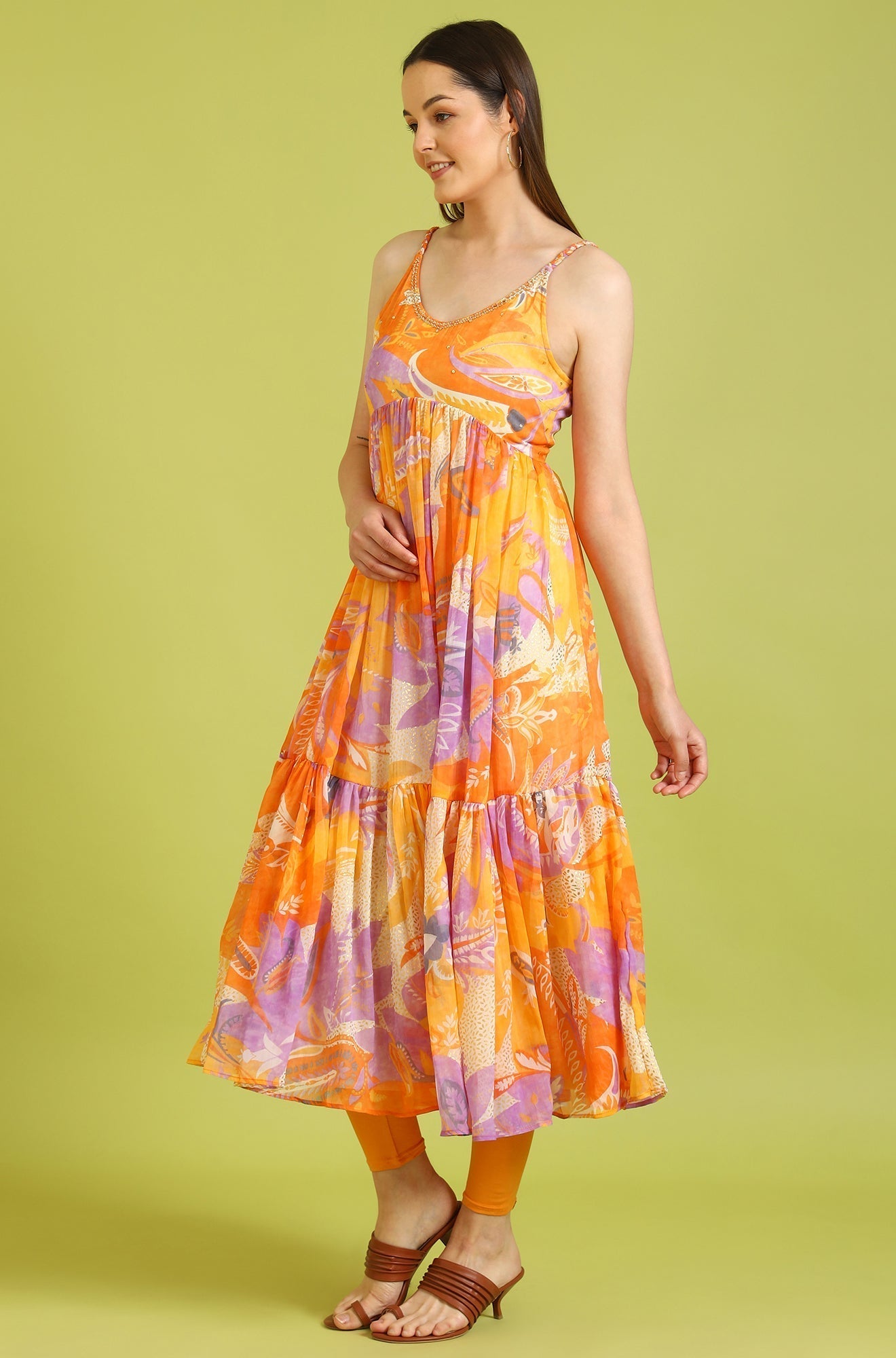 W for Woman Orange Abstract Printed Tiered Spaghetti Kurta and Leggings Set with Dupatta